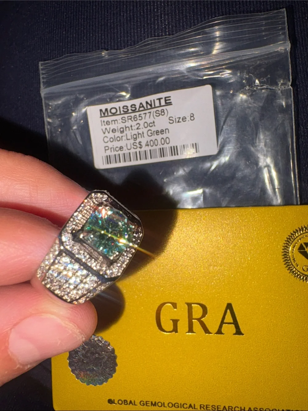 Moissanite Light Green/turquoise unisex Ring - Size 8